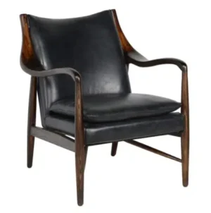 Plush Black Leather & Wood Mid Century Club Chair