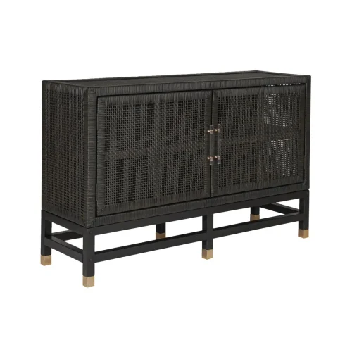 Charcoal Wood and Woven Rattan Buffett Sideboard