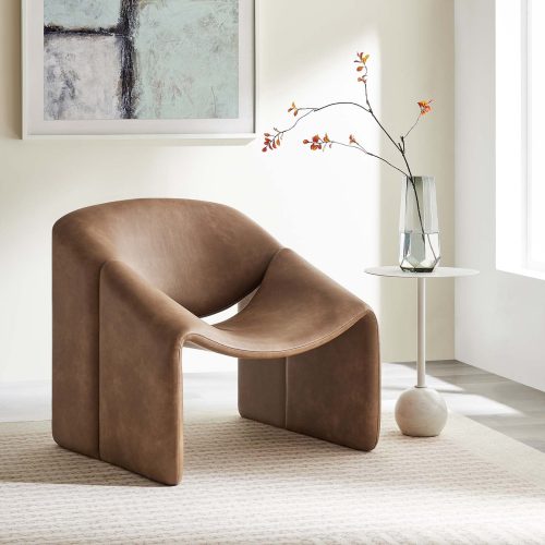 Contemporary Unique Curve Tan Vegan Leather Accent Chair