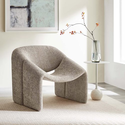 Contemporary Unique Curve Textured Khaki Chenile Accent Chair
