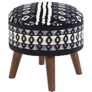 Cotton Hand Woven Black & White Print Round Storage Footstool