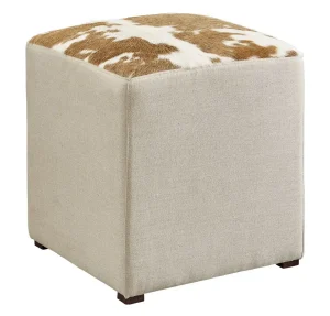 Cow Hide & Neutral Linen Square Cube Footstool Ottoman
