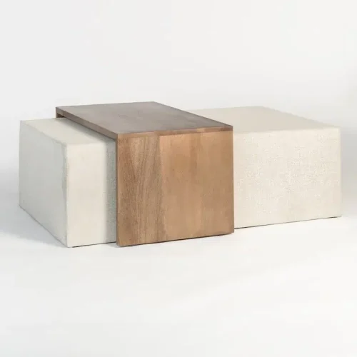 Cream Dusty Fabric & Birch Wood Block Coffee Table Ottoman