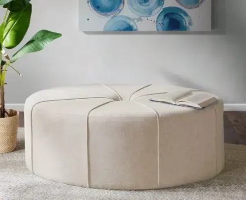 Cream Fabric Oval Coffee Table Ottoman with Welting