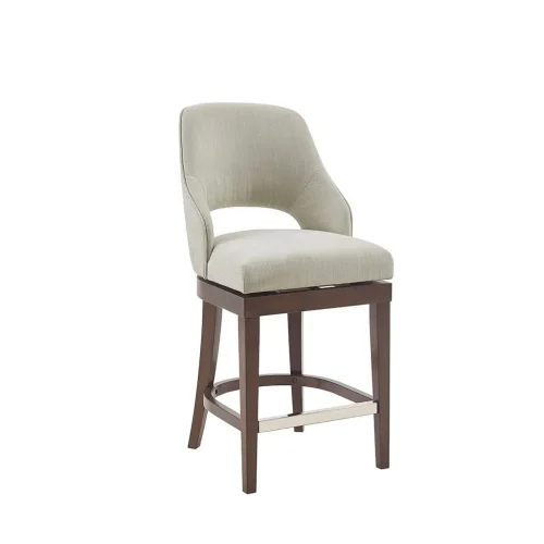 Cream Taupe Fabric Open Back Chocolate Brown Wood Swivel Stool