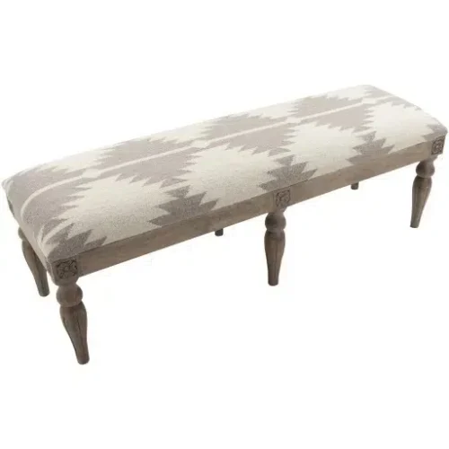 Cream & Taupe Wool Southwestern Style Woven Wood Leg Extra Long Bench