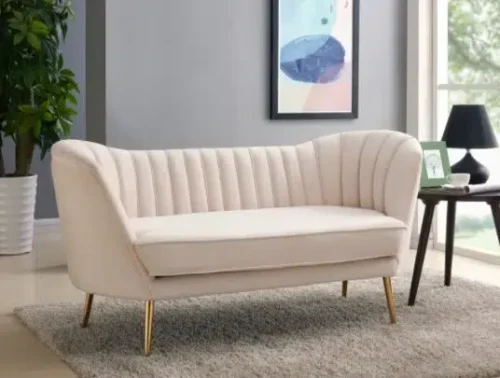 Cream Velvet Channel Tufted Loveseat Sofa Gold Legs