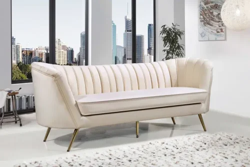 Cream Velvet Channel Tufted Sofa Gold Legs