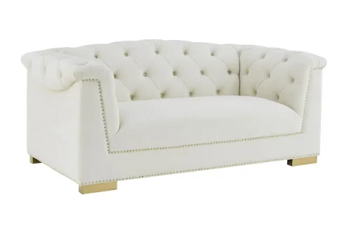 Cream Velvet Tufted Rolled Arm Gold Accents Loveseat