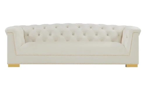 Cream Velvet Tufted Rolled Arm Gold Accents Sofa
