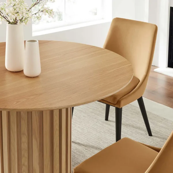 Detailed Pedestal Base Oak Color Round Dining Table