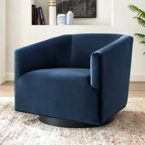 Dark Blue Velvet Clean Line Swivel Lounge Chair