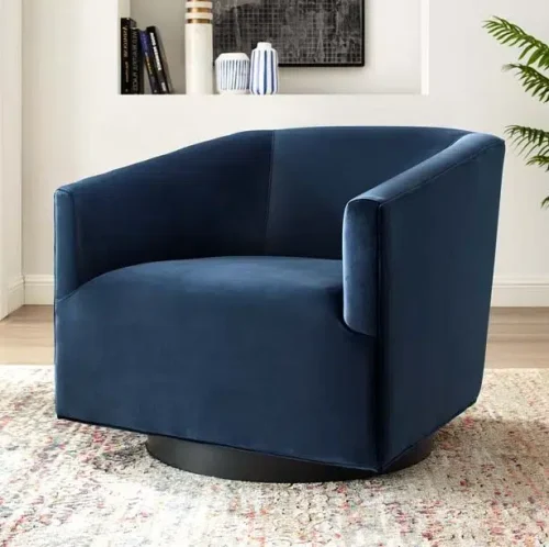 Dark Blue Velvet Clean Line Swivel Lounge Chair