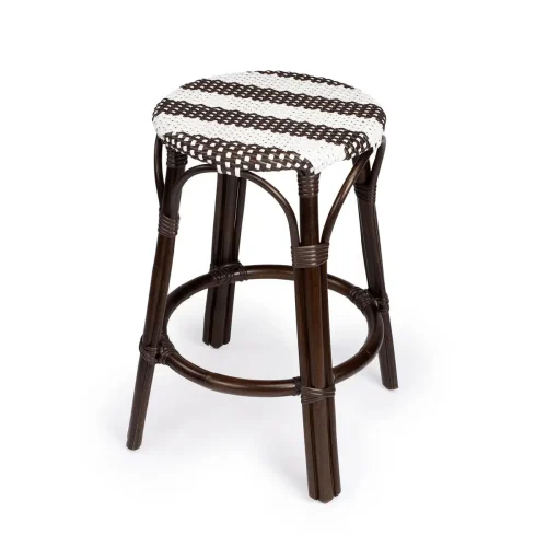 Dark Brown & White Stripe Dark Rattan Backless Counter Stool