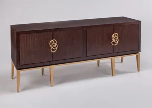 Dark Cherry Wood Unique Gold Handles Credenza Cabinet