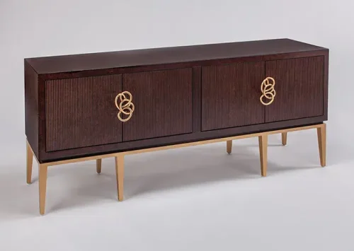 Dark Cherry Wood Unique Gold Handles Credenza Cabinet
