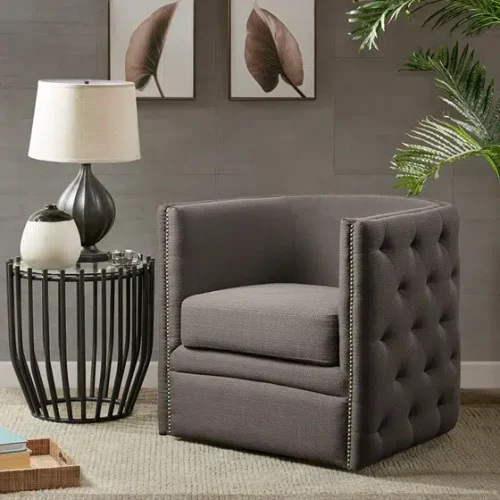 Dark Grey Button Tufted Square Swivel Chair