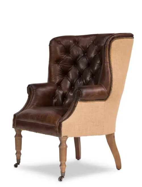Dark Tufted Vintage Leather & Jute Library Chair