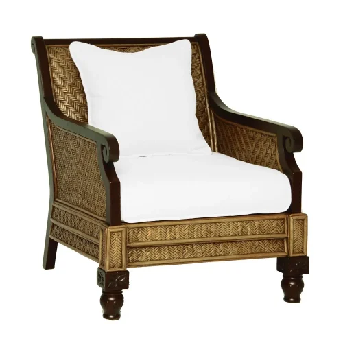 Dark Wood & Rattan Plantation White Cushion Arm Chair
