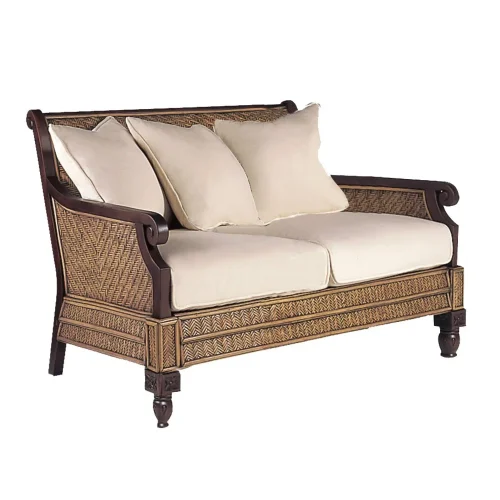 Dark Wood & Rattan Plantation White Cushion Loveseat