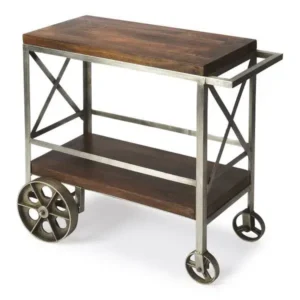 Dark Wood & Silver Metal Frame Industrial Bar Cart