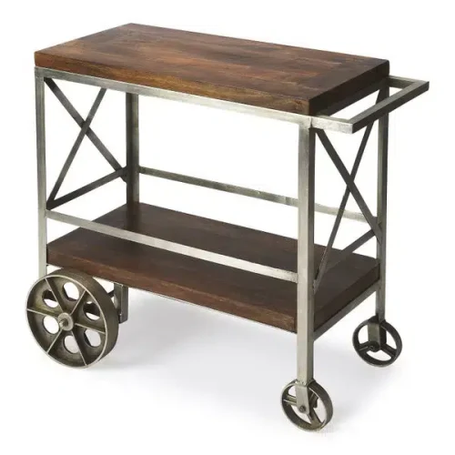 Dark Wood & Silver Metal Frame Industrial Bar Cart