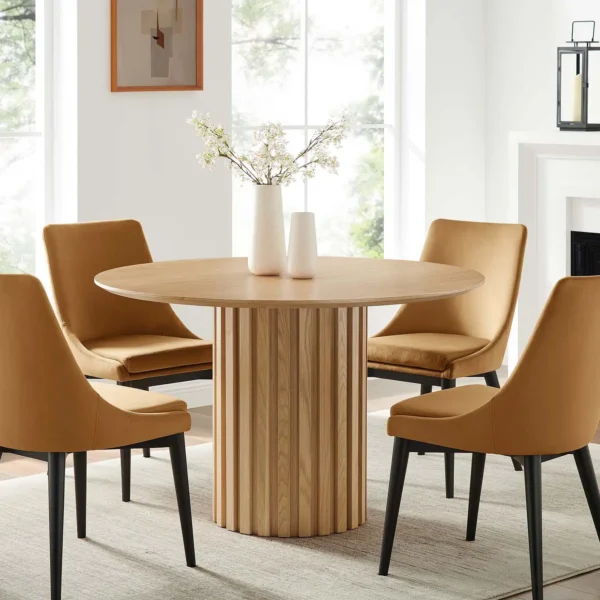 Detailed Pedestal Base Oak Color Round Dining Table