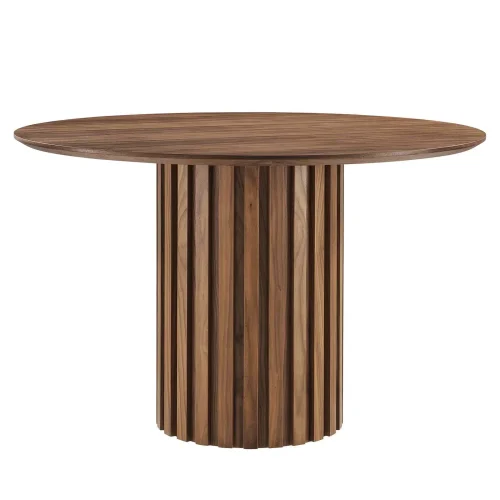 Detailed Pedestal Base Walnut Color Round Dining Table