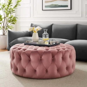 Dusty Pink Velvet Totally Tufted Round Ottoman Coffee Table