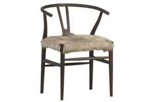 Fluffy Shaggy Beige Goat Skin & Matte Brown Wood Chair