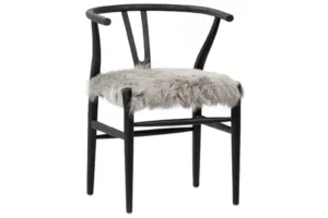 Fluffy Shaggy Grey Goat Skin & Dark Brown Wood Chair