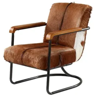 Eclectic Brown & White Hair on Hide Black Metal Frame Lounge Chair
