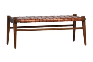 Full Grain Leather Weave & Rich Stained Teak Wood Bench