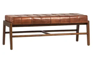 Full Grain Leather Square Tufted & Rich Stained Teak Wood Bench