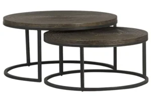 Rustic Round Iron & Circular Scored Wood Nesting Coffee Tables (Set of 2)