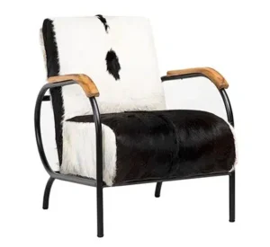 Eclectic White & Black Hair on Hide Black Metal Frame Lounge Chair