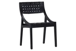 Black Woven Leather Teak Slope Frame Dining Chair Set 2