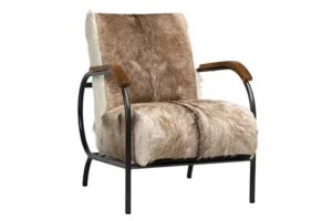Eclectic White & Brown Hair on Hide Black Metal Frame Lounge Chair