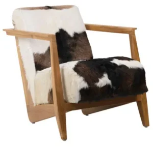 Black Brown & White Hair on Hide & Teak Wood Low Lounge Arm Chair