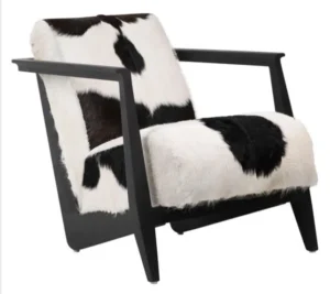 Black & White Hair on Hide & Black Teak Wood Low Lounge Arm Chair