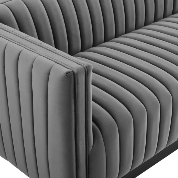 Grey Velvet Vertical Channel Tufted Sofa