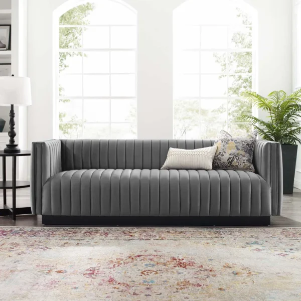 Grey Velvet Vertical Channel Tufted Sofa