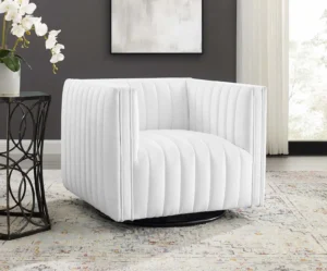 White Fabric Vertical Channel Tufted Swivel Chair