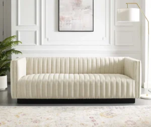 Beige Fabric Vertical Channel Tufted Sofa