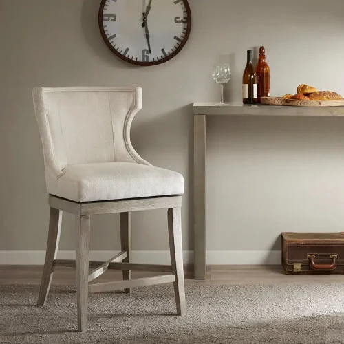 Elegant Cream Fabric Light Wood Swivel Seat Counter Stool Set 2