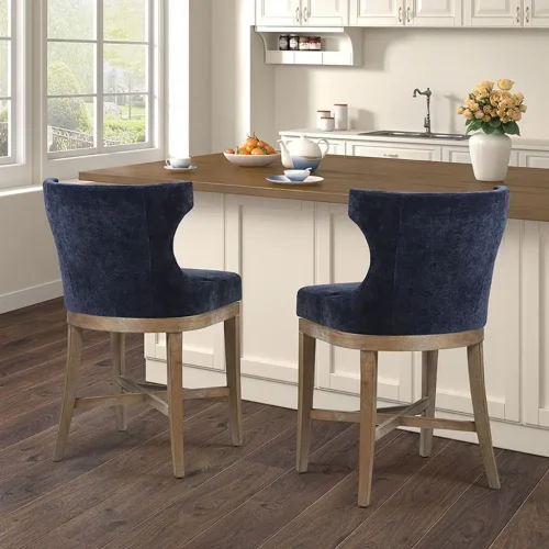 Elegant Navy Blue Fabric Light Wood Swivel Seat Counter Stool Set 2