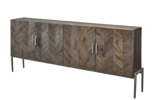 Herringbone Pattern Reclaimed Pine Iron Base Narrow Sideboard Cabinet