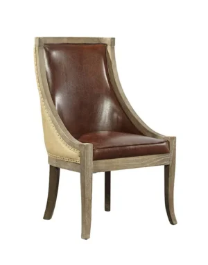 Brown Leather Oak & Burlap Dining Accent Chair Set of 2