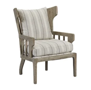 Winged Slatted Back Solid Pine Wood & Striped Cushion Accent Chair