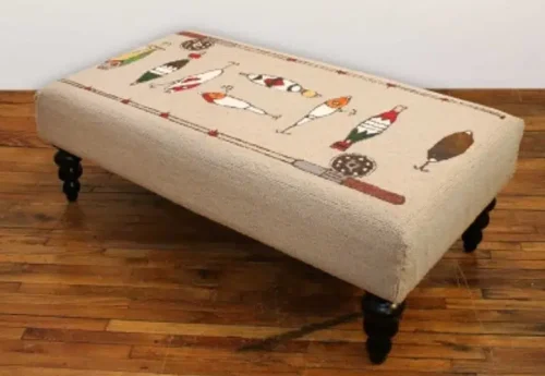 Fishing Rod & Lure Ottoman Bench Hand Hooked Rug